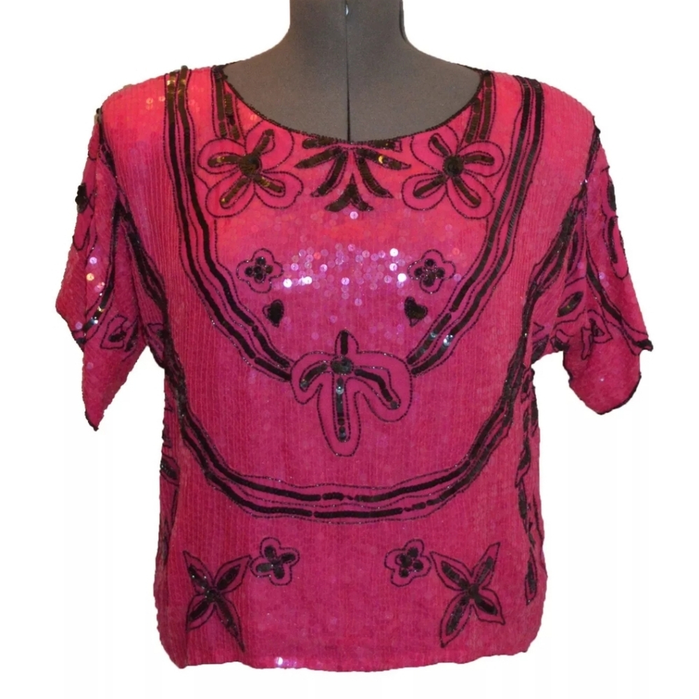 J.L.B. Vintage 80s Pink & Black Sequin Beaded Silk Formal Top blouse sz L